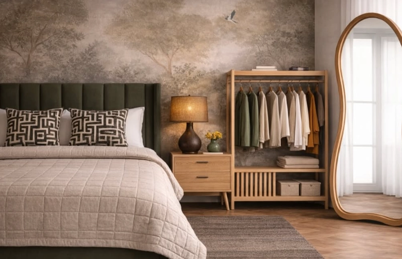 modern-boho-bedroom-with-clothes-rack-and-mirror